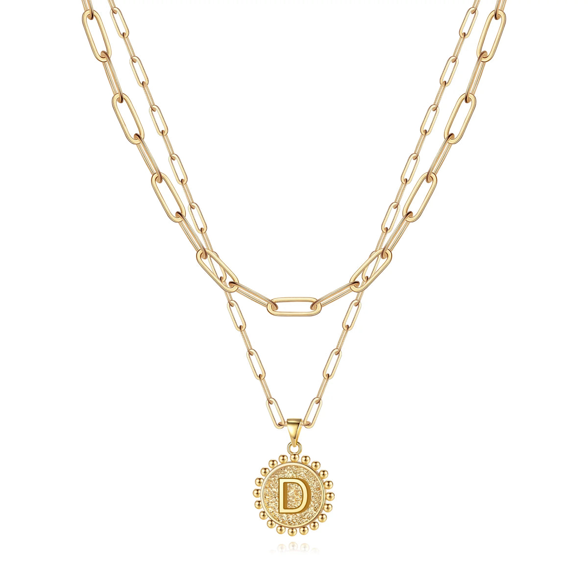 Gold Initial Necklaces for Women Girls 14K Gold Plated Dainty Layering Paperclip Link Chain Necklace Coin Initial Layered Gold Necklaces for Women